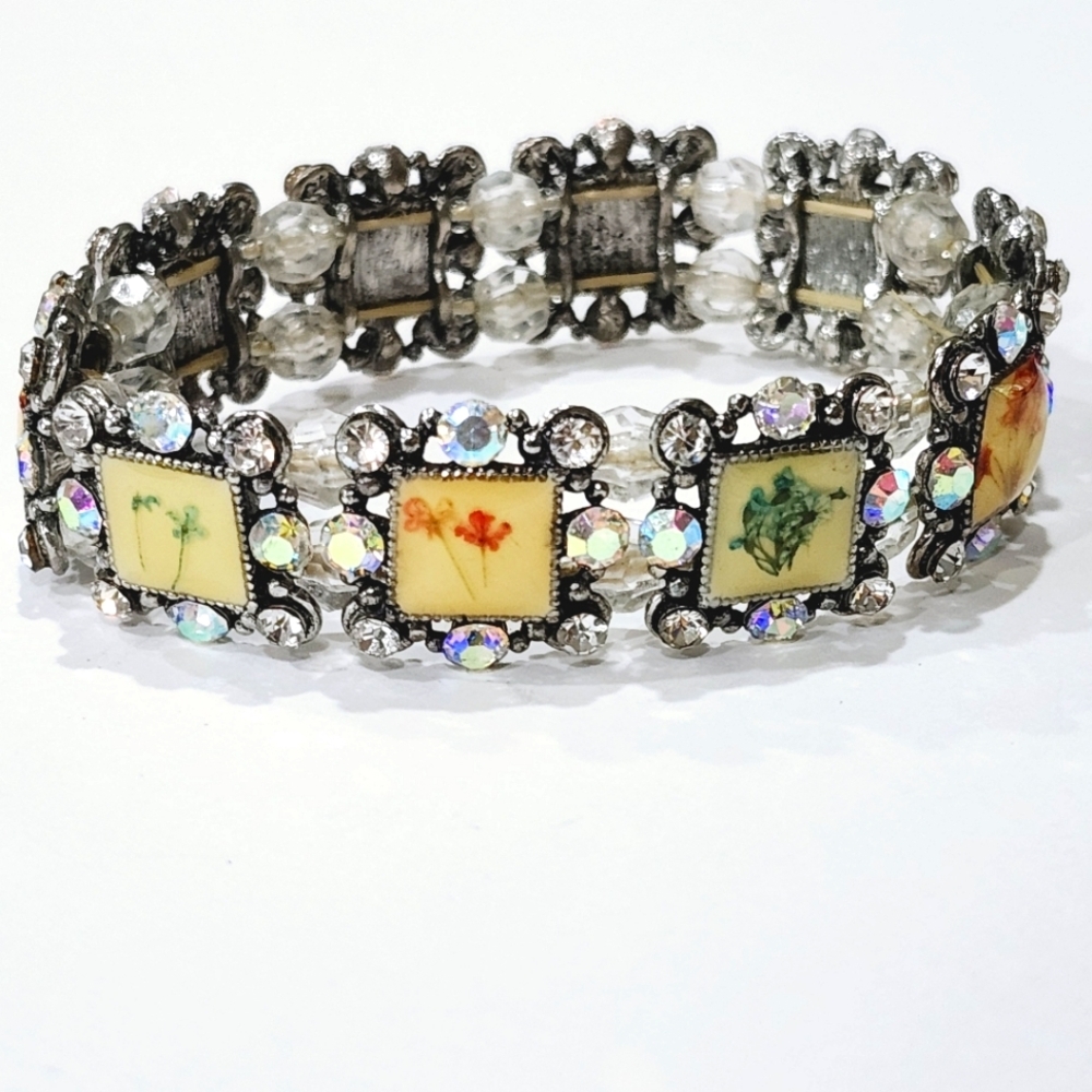 Pressed Flower Rhinestone Stretch Bracelet Fashion Jewelry